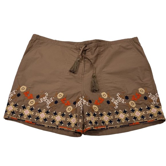 Tolani Women's Embroidered 'Gem Shorts', Zip Tie Waist, Pockets, Cotton, Tan, L - Picture 7 of 7